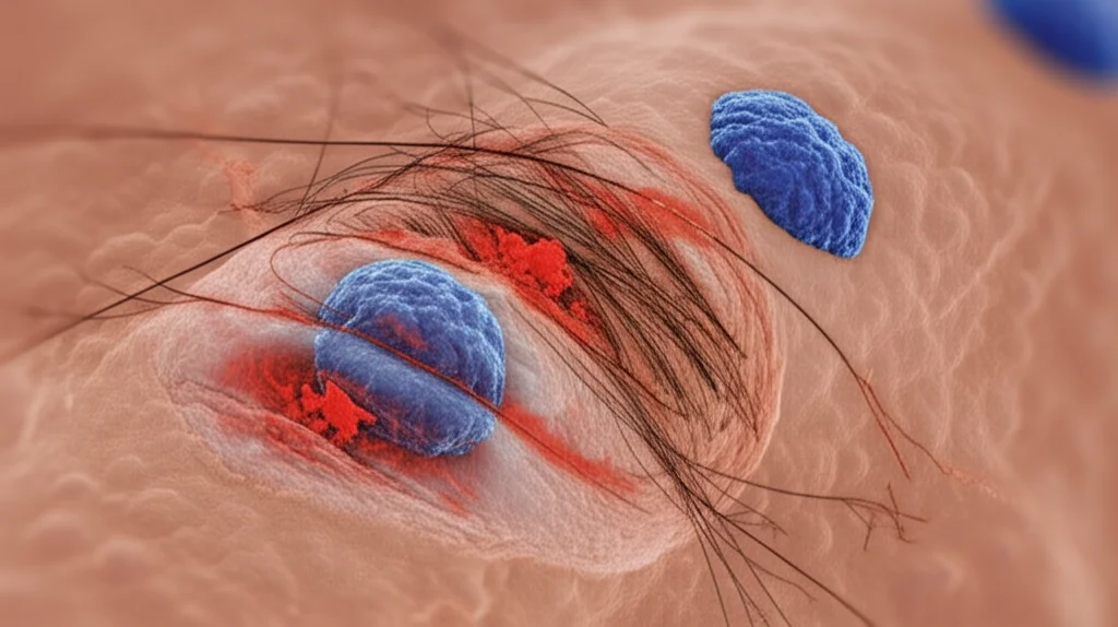 Immagine macro fotorealistica di cellule cutanee (macrofagi rossi e fibroblasti blu) che interagiscono attivamente durante il processo di guarigione di una ferita, illuminazione controllata da laboratorio, messa a fuoco precisa sui dettagli cellulari, obiettivo macro 100mm, alta risoluzione, sfondo leggermente sfocato.