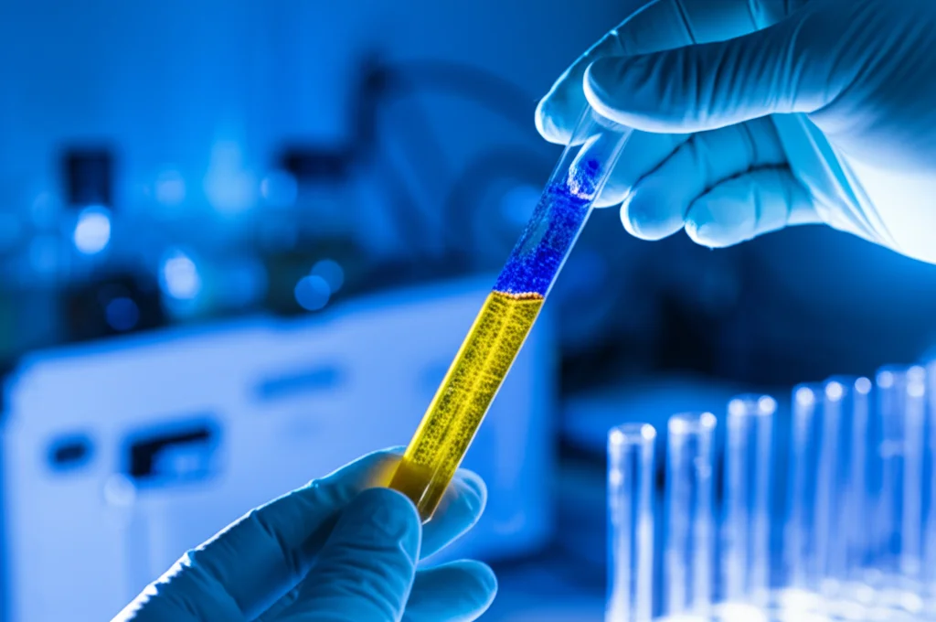 Primo piano di nanoparticelle d'argento illuminate che cambiano colore dal blu al giallo in una provetta tenuta da una mano guantata in un laboratorio high-tech, obiettivo macro 100mm, alta definizione, illuminazione controllata.