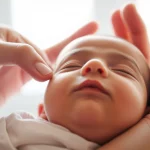 Primo piano stile ritratto fotografico di mani gentili di un genitore che sostengono delicatamente la testa di un neonato sveglio e sereno, luce naturale morbida che entra da una finestra, obiettivo 50mm, profondità di campo ridotta per sfocare lo sfondo, enfatizzando la cura e l'attenzione alla postura del bambino per la prevenzione delle asimmetrie.