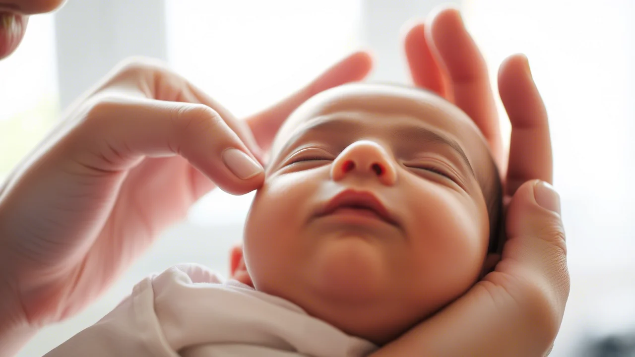 Primo piano stile ritratto fotografico di mani gentili di un genitore che sostengono delicatamente la testa di un neonato sveglio e sereno, luce naturale morbida che entra da una finestra, obiettivo 50mm, profondità di campo ridotta per sfocare lo sfondo, enfatizzando la cura e l'attenzione alla postura del bambino per la prevenzione delle asimmetrie.