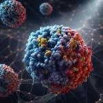 Visualizzazione artistica e fotorealistica di una molecola proteica (CMTR1) al centro di una rete complessa di interazioni cellulari, con un fascio di luce focalizzato su di essa a simboleggiare un bersaglio terapeutico nel contesto della ricerca sul cancro. Obiettivo prime, 50mm, profondità di campo ridotta per isolare il soggetto, illuminazione drammatica.