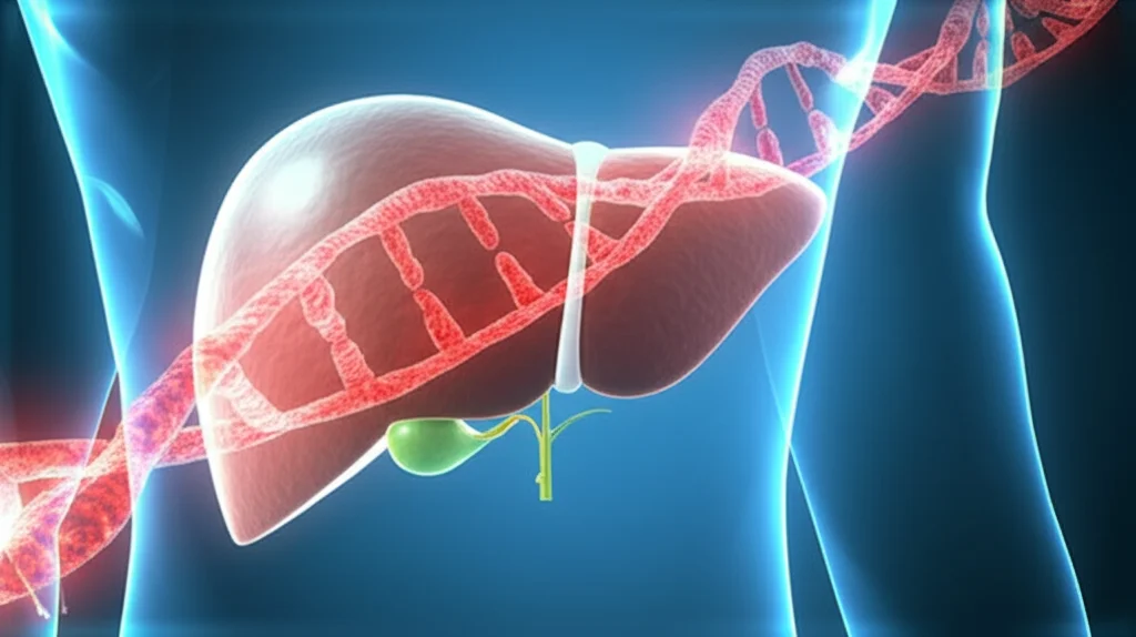 Visualizzazione artistica e scientifica di una doppia elica di DNA con modifiche epigenetiche (metilazione) evidenziate in rosso brillante, sovrapposta a un'immagine stilizzata ma dettagliata del fegato umano in background. Obiettivo macro 90mm, illuminazione drammatica e controllata con chiaroscuri, alta definizione per enfatizzare la complessità biologica e il legame tra DNA e organo.