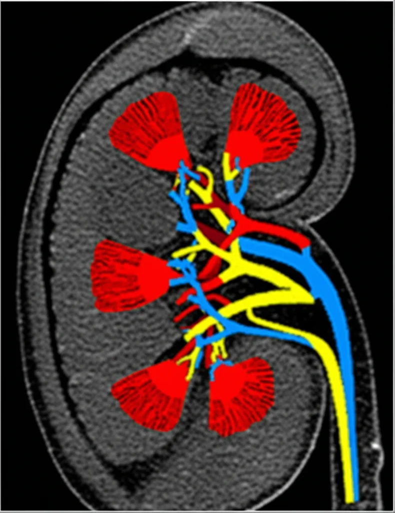 Visualizzazione medica avanzata tramite risonanza magnetica che mostra un rene umano con aree colorate indicanti il flusso sanguigno (RBF) e depositi di grasso (PDFF), obiettivo prime 35mm, profondità di campo, alta definizione, illustrando la correlazione tra grasso ectopico renale e emodinamica nel diabete tipo 2.