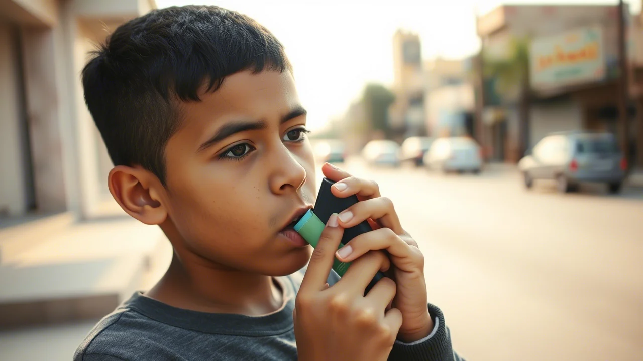 Adolescente egiziano che usa un inalatore per l'asma all'aperto, con sfondo leggermente sfocato di una strada di Tanta, Egitto. Luce del tardo pomeriggio, obiettivo prime 50mm, profondità di campo, espressione concentrata ma serena.