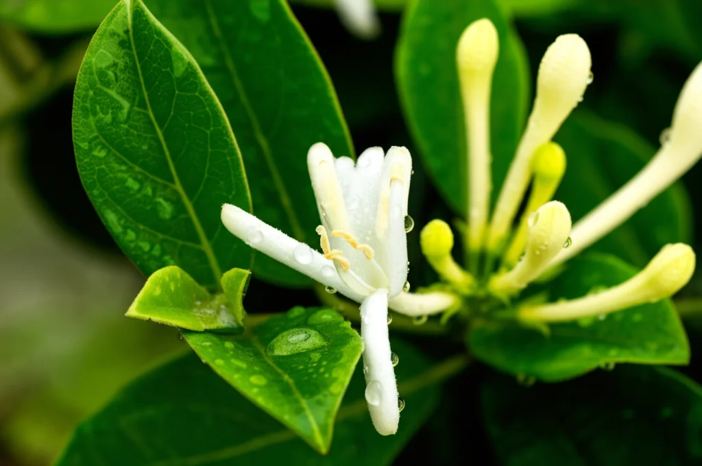 Fotografia macro di un fiore di caprifoglio (Lonicera japonica) con gocce d'acqua sulle foglie verdi circostanti, simbolo di resilienza alla siccità. Obiettivo macro 100mm, alta definizione, messa a fuoco precisa sul fiore bianco-giallo, illuminazione controllata laterale per esaltare dettagli e gocce d'acqua, sfondo leggermente sfocato.