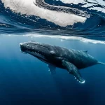 Fotografia naturalistica subacquea di una balena della Groenlandia (Balaena mysticetus) che nuota maestosamente sotto la banchisa polare vicino alle Svalbard. Luce filtrata dall'alto attraverso il ghiaccio, creando raggi visibili nell'acqua blu profondo. Telephoto zoom 100mm, fast shutter speed per congelare il movimento della balena, alta concentrazione di ghiaccio visibile sopra.