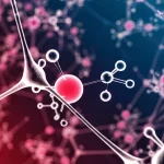 Illustrazione concettuale high-tech che mostra una rete neurale astratta che analizza strutture molecolari digitali, evidenziando alcune molecole (interferenti) con un bagliore rosso, simboleggiando E-GuARD che identifica composti problematici nei saggi biologici, obiettivo 35mm, profondità di campo.