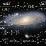 Immagine concettuale dell'universo primordiale con la radiazione cosmica di fondo (CMB) visibile e sovrapposte formule termodinamiche stilizzate. Fotografia astronomica, obiettivo grandangolare 10mm, lunga esposizione, messa a fuoco nitida sui dettagli cosmici e matematici.