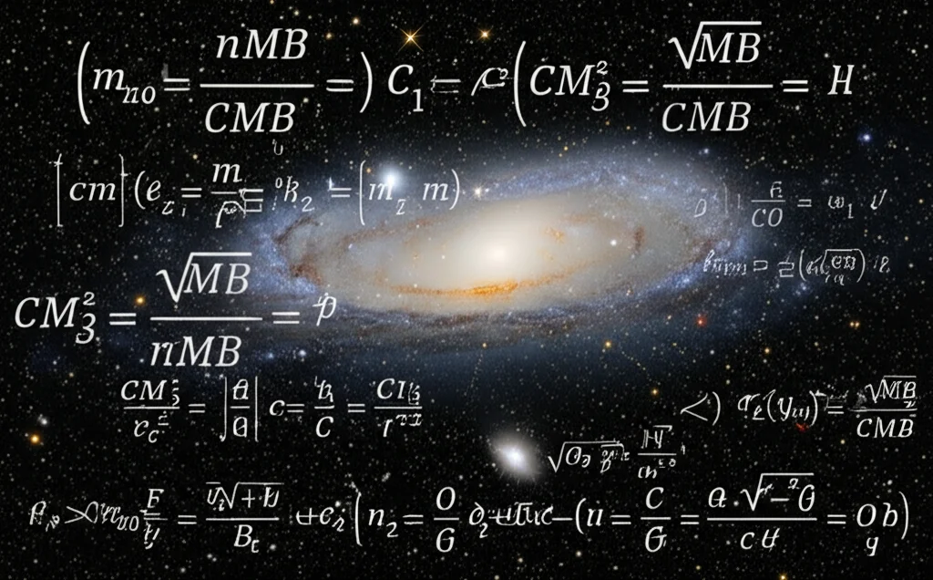 Immagine concettuale dell'universo primordiale con la radiazione cosmica di fondo (CMB) visibile e sovrapposte formule termodinamiche stilizzate. Fotografia astronomica, obiettivo grandangolare 10mm, lunga esposizione, messa a fuoco nitida sui dettagli cosmici e matematici.