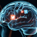 Immagine fotorealistica di un cervello digitale stilizzato con flussi di dati luminosi blu e arancioni provenienti da icone di social network (X, Facebook) che convergono su pochi punti focali evidenziati all'interno del cervello, prime lens 35mm, depth of field, illuminazione drammatica controllata, sfondo scuro, a simboleggiare il few-shot learning e l'attenzione selettiva applicati ai dati dei social network per il rilevamento di eventi.