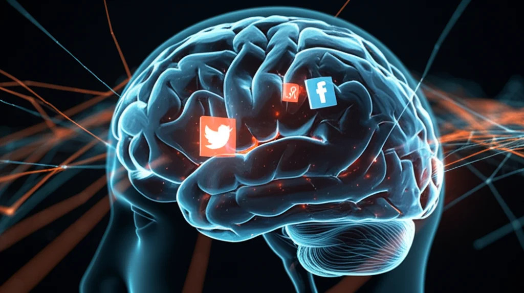 Immagine fotorealistica di un cervello digitale stilizzato con flussi di dati luminosi blu e arancioni provenienti da icone di social network (X, Facebook) che convergono su pochi punti focali evidenziati all'interno del cervello, prime lens 35mm, depth of field, illuminazione drammatica controllata, sfondo scuro, a simboleggiare il few-shot learning e l'attenzione selettiva applicati ai dati dei social network per il rilevamento di eventi.