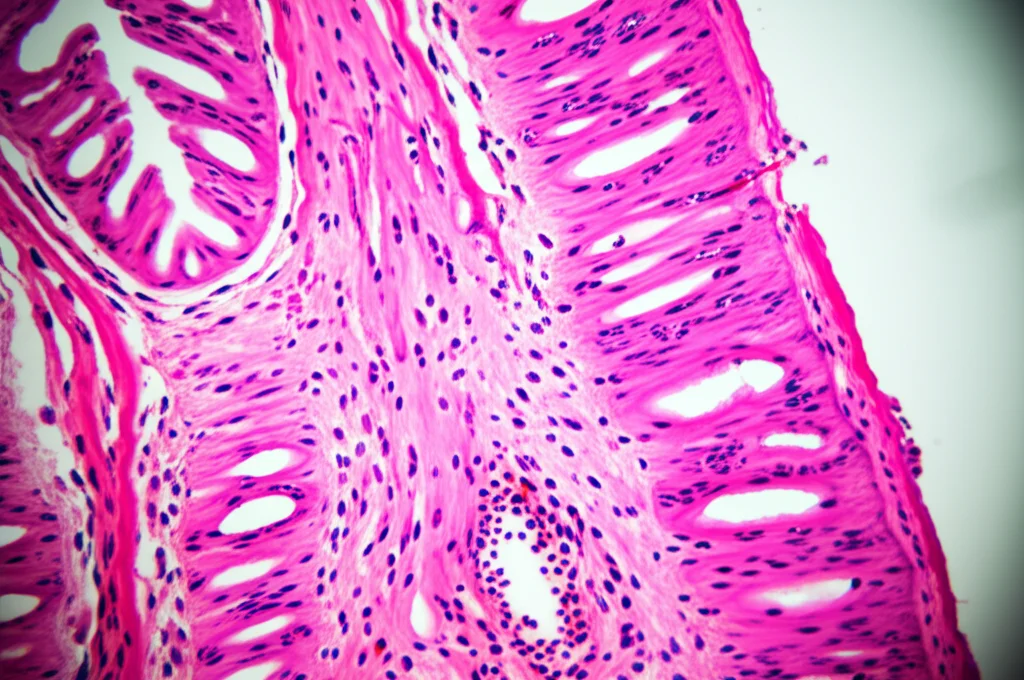Immagine macro di una sezione trasversale di tessuto intestinale ischemico, mostrando necrosi, infiammazione e piccole perforazioni. Macro lens, 100mm, high detail, precise focusing, controlled lighting.