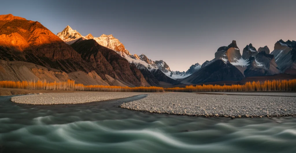 Paesaggio grandangolare, obiettivo 18mm, delle maestose montagne del Tianshan al tramonto, con un fiume serpeggiante che riflette gli ultimi raggi di sole. Lunga esposizione per rendere l'acqua liscia e setosa, messa a fuoco nitida sulle cime delle montagne, colori caldi e vibranti.