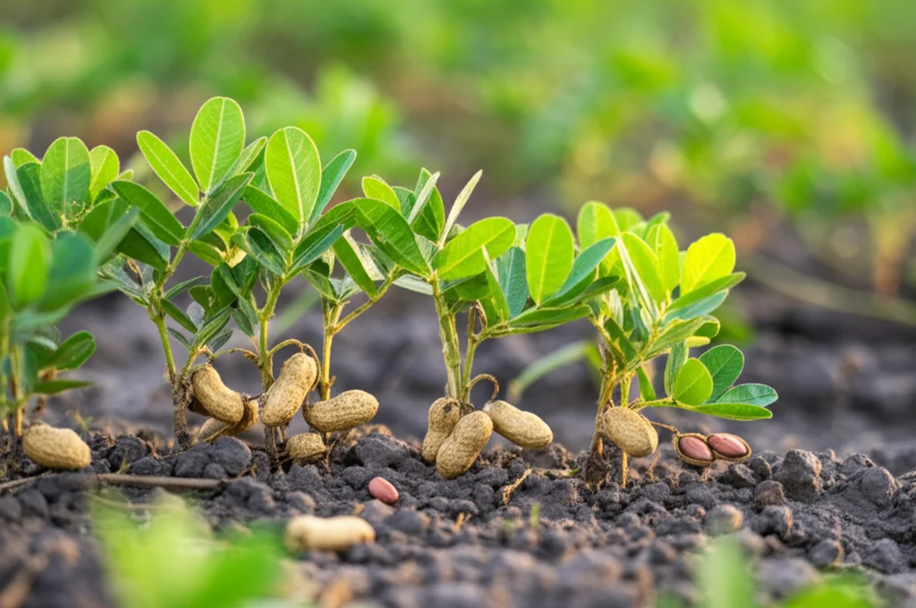 Pianta di arachide sana e rigogliosa in un campo coltivato, con baccelli visibili appena sotto la superficie del terreno fertile. Macro lens, 85mm, high detail, precise focusing, luce naturale calda del tardo pomeriggio, controlled lighting, a simboleggiare la vitalità e la ricerca sulla resistenza genetica.