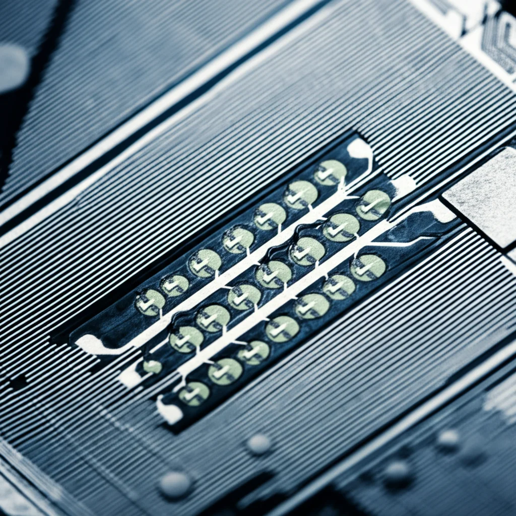 Primo piano fotorealistico di un chip fotonico integrato che mostra il percorso della luce attraverso un decodificatore ottico 2x4 con risonatori ad anello a forma di T. Dettagli microscopici visibili, illuminazione laterale drammatica che crea ombre definite, obiettivo macro 100mm, alta definizione, colori freddi blu e argento duotone.