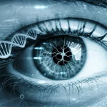 Primo piano fotorealistico di un occhio umano con sovrapposta una rappresentazione digitale di dati genetici (doppia elica DNA) e percorsi neurali stilizzati che si collegano al cervello, a simboleggiare il legame tra genetica, retina e schizofrenia. Lente prime 35mm, profondità di campo, duotone blu scientifico e grigio neutro.