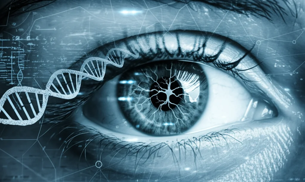 Primo piano fotorealistico di un occhio umano con sovrapposta una rappresentazione digitale di dati genetici (doppia elica DNA) e percorsi neurali stilizzati che si collegano al cervello, a simboleggiare il legame tra genetica, retina e schizofrenia. Lente prime 35mm, profondità di campo, duotone blu scientifico e grigio neutro.