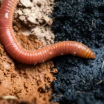 Primo piano macro di un lombrico Eisenia andrei su un campione di terreno da laboratorio visibilmente diviso a metà: una parte con argilla caolino di colore chiaro e secco, l'altra con argilla bentonite di colore scuro e umido. Goccioline d'acqua brillano sulla sezione con bentonite. Lente macro 105mm, alta definizione dei segmenti del lombrico e della texture del suolo, illuminazione da studio controllata per enfatizzare il contrasto tra le due argille.
