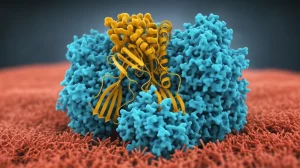 Rappresentazione fotorealistica di un complesso enzimatico γ-secretasi immerso in una membrana cellulare, con evidenza della sua interazione con la proteina precursore dell'amiloide. Macro lens, 100mm, illuminazione laterale drammatica per enfatizzare le texture, alto dettaglio molecolare, sfondo scuro e sfocato.