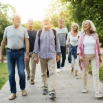 Un gruppo eterogeneo di anziani attivi e sorridenti cammina con sicurezza su un sentiero lastricato all'interno di un parco cittadino rigoglioso. Stanno guardando avanti, conversando tra loro, con un'espressione positiva e rilassata. La luce solare del tardo pomeriggio crea un'atmosfera calda e dorata. Stile fotorealistico, obiettivo zoom 35-70mm, profondità di campo media che mantiene a fuoco il gruppo ma sfoca leggermente lo sfondo verdeggiante.