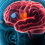 Visualizzazione 3D fotorealistica di un cervello umano con un tumore evidenziato da un'interfaccia AI futuristica che mostra la segmentazione precisa ottenuta dal modello HLNet. Illuminazione da studio medico, alto dettaglio, focus nitido sulla regione del tumore.