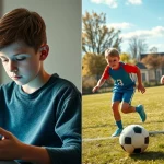 Collage fotografico stilizzato: a sinistra, un adolescente autistico concentrato su un tablet in una stanza tranquilla, luce soffusa, obiettivo 50mm; a destra, un gruppo di giovani neurotipici che giocano a calcio all'aperto, azione congelata, teleobiettivo 100mm, colori vivaci.
