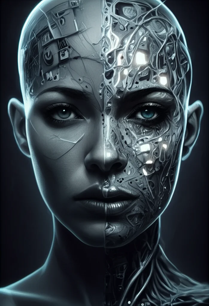 Fotografia ritratto, stile duotone blu e grigio, di un volto umano diviso a metà, una parte organica e pensierosa, l'altra composta da circuiti digitali luminosi che si intersecano, obiettivo 35mm, profondità di campo, sfondo scuro.