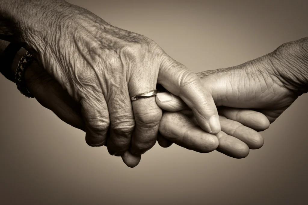 Fotografia simbolica, obiettivo 35mm con profondità di campo, tre mani di età diverse (nonno, genitore, nipote) sovrapposte o collegate, a simboleggiare la trasmissione multigenerazionale di esperienze e salute mentale, illuminazione soffusa e leggermente drammatica, duotone seppia e grigio.