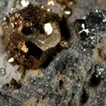 Fotografia still life di campioni di minerale dal giacimento di Lovisa: sfalerite resinosa marrone-rossastra e galena metallica grigio-argentea su una matrice rocciosa scura. Obiettivo macro 90mm, illuminazione da studio controllata per esaltare lucentezza e cristalli, alta definizione, sfondo neutro sfocato.