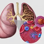 Illustrazione medica dettagliata che mostra polmoni umani affetti da fibrosi nelle basi (aree cicatriziali) e enfisema negli apici (aree dilatate e distrutte) - la condizione CPFE. Sovrapposto, un focus stilizzato su un nodulo tumorale polmonare e un ingrandimento che mostra cellule del sangue, evidenziando neutrofili e linfociti. Lente macro 80mm, illuminazione drammatica che enfatizza le aree patologiche, alta definizione.