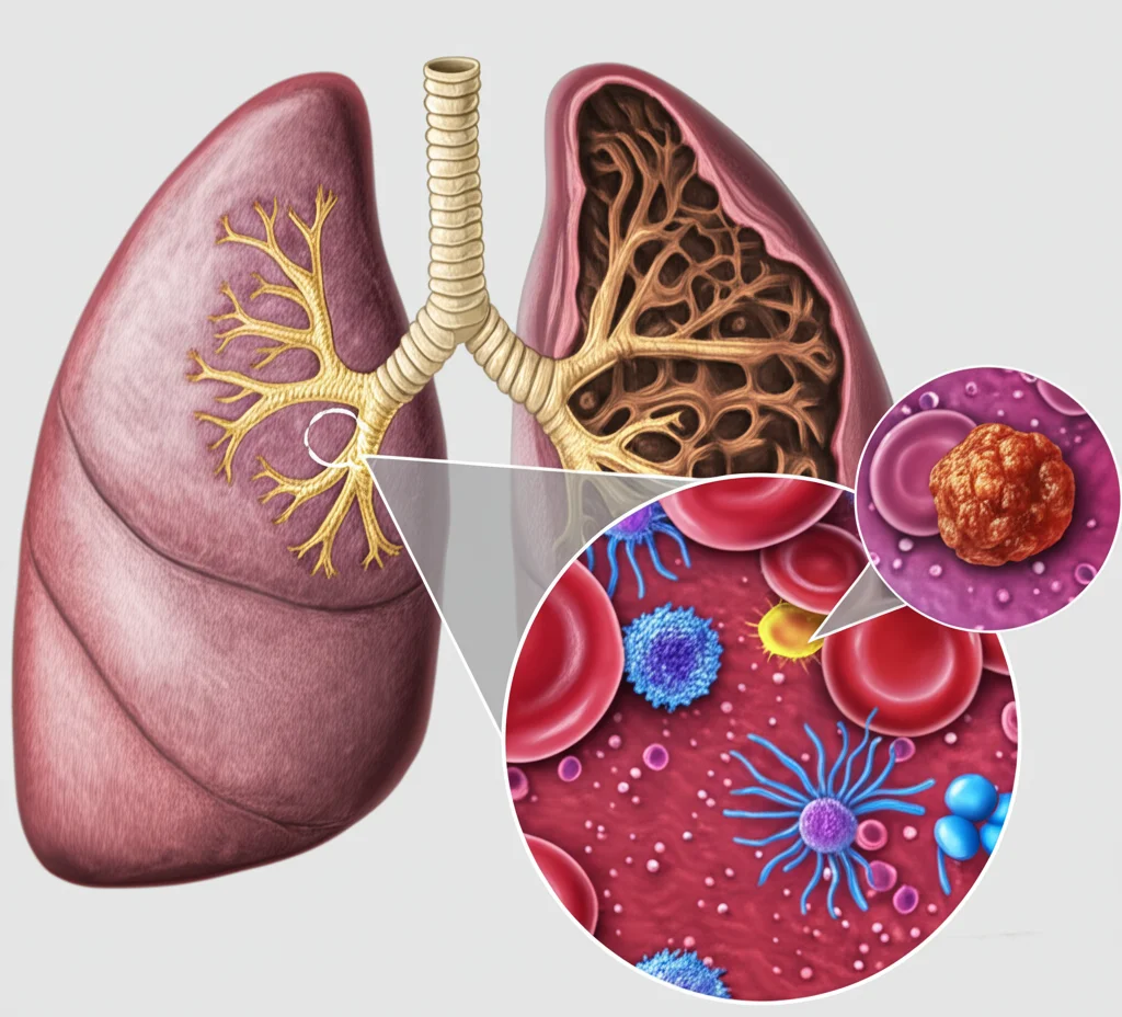 Illustrazione medica dettagliata che mostra polmoni umani affetti da fibrosi nelle basi (aree cicatriziali) e enfisema negli apici (aree dilatate e distrutte) - la condizione CPFE. Sovrapposto, un focus stilizzato su un nodulo tumorale polmonare e un ingrandimento che mostra cellule del sangue, evidenziando neutrofili e linfociti. Lente macro 80mm, illuminazione drammatica che enfatizza le aree patologiche, alta definizione.