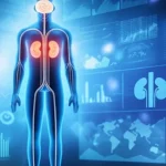 Immagine concettuale fotorealistica: una silhouette trasparente del corpo umano che mostra reni sani e luminosi collegati da linee di luce a un cervello sano, sfondo astratto con grafici di dati sfocati, obiettivo 50mm, profondità di campo.