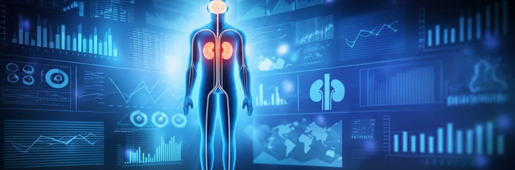 Immagine concettuale fotorealistica: una silhouette trasparente del corpo umano che mostra reni sani e luminosi collegati da linee di luce a un cervello sano, sfondo astratto con grafici di dati sfocati, obiettivo 50mm, profondità di campo.
