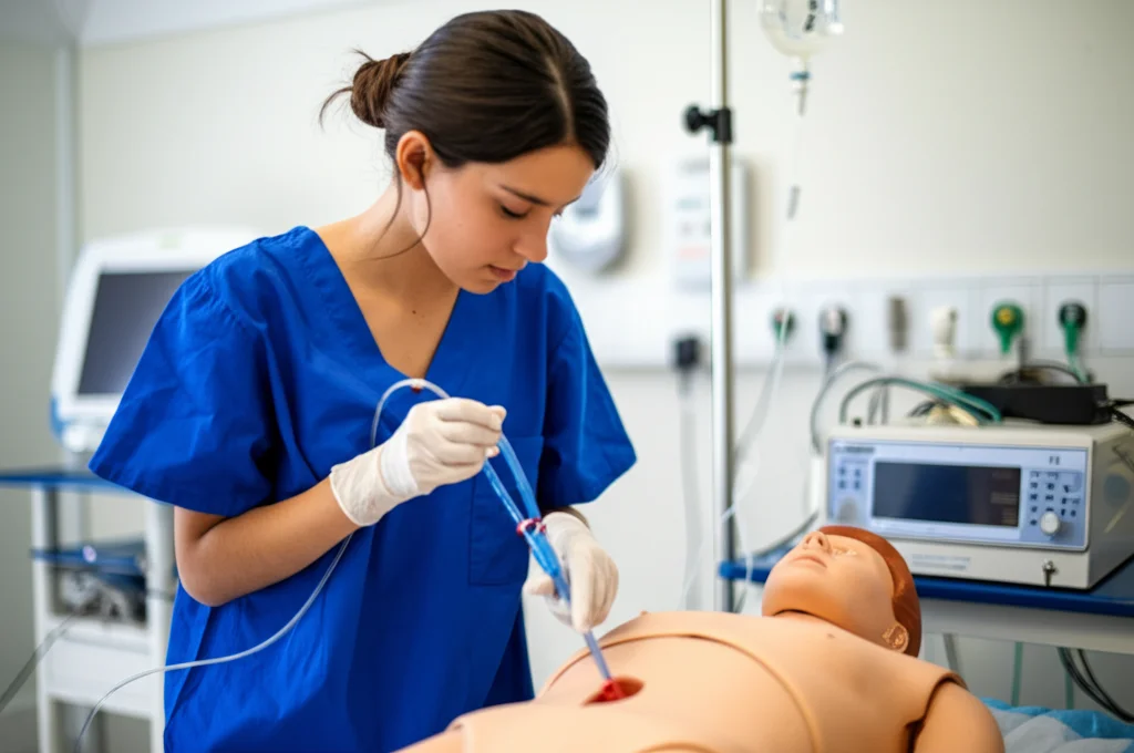 Immagine fotorealistica di una studentessa di infermieristica che pratica una procedura di cateterismo vescicale su un manichino ad alta fedeltà in un centro di simulazione medica moderno e ben illuminato. Obiettivo macro 60mm, alta definizione, focus sui dettagli della procedura e sull'espressione concentrata della studentessa, con attrezzature mediche realistiche sullo sfondo.