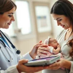 Immagine fotorealistica, lente prime 35 mm, profondità di campo, che mostra un professionista sanitario compassionevole che spiega delicatamente informazioni su uno schermo di tablet a una giovane madre che tiene il suo neonato in una sala clinica luminosa e accogliente, che simboleggia il supporto proattivo attraverso la tecnologia e i dati per il benessere familiare.