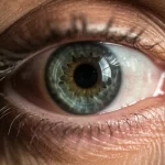Primo piano estremo dell'occhio di una persona anziana, focalizzato sul cristallino opacizzato dalla cataratta. Utilizzo di un obiettivo macro 100mm per altissimi dettagli, illuminazione laterale controllata per creare contrasto e mostrare la texture dell'opacità. Profondità di campo molto ridotta per isolare l'occhio dallo sfondo. Atmosfera clinica ma speranzosa.