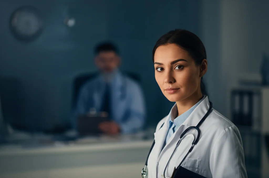 Ritratto intenso di una giovane donna di origine asiatica con camice bianco da medico, guarda determinata verso l'obiettivo, sfondo sfocato di un ambiente clinico moderno, luce drammatica laterale stile film noir che evidenzia i contorni del viso, obiettivo 50mm prime lens, profondità di campo ridotta.