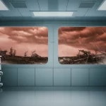 Sala operatoria moderna e high-tech, ma attraverso un'ampia finestra si vede un paesaggio esterno colpito da un evento climatico estremo (es. cielo rosso per incendi, alberi piegati dal vento, pioggia battente). La luce all'interno è fredda e clinica, in contrasto con la drammaticità esterna. Obiettivo 35mm, profondità di campo per mantenere a fuoco sia l'interno che l'esterno, stile fotorealistico.