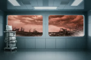 Sala operatoria moderna e high-tech, ma attraverso un'ampia finestra si vede un paesaggio esterno colpito da un evento climatico estremo (es. cielo rosso per incendi, alberi piegati dal vento, pioggia battente). La luce all'interno è fredda e clinica, in contrasto con la drammaticità esterna. Obiettivo 35mm, profondità di campo per mantenere a fuoco sia l'interno che l'esterno, stile fotorealistico.