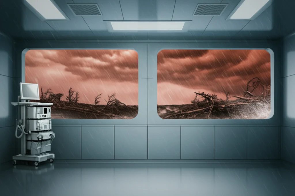 Sala operatoria moderna e high-tech, ma attraverso un'ampia finestra si vede un paesaggio esterno colpito da un evento climatico estremo (es. cielo rosso per incendi, alberi piegati dal vento, pioggia battente). La luce all'interno è fredda e clinica, in contrasto con la drammaticità esterna. Obiettivo 35mm, profondità di campo per mantenere a fuoco sia l'interno che l'esterno, stile fotorealistico.