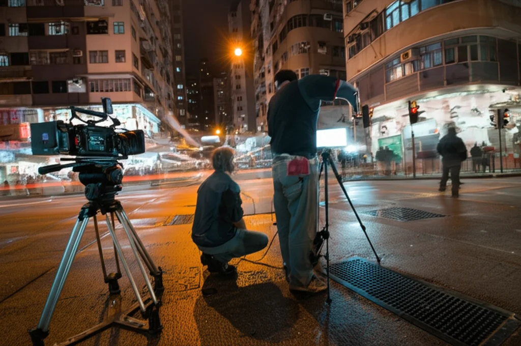 Scena notturna cinematografica nelle strade trafficate e illuminate al neon di Hong Kong, asfalto bagnato che riflette le luci, una piccola troupe cinematografica indipendente al lavoro con attrezzature visibili, stile film noir, obiettivo grandangolare 20mm, lunga esposizione per catturare il movimento delle luci, messa a fuoco nitida sulla troupe.