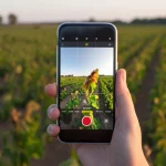Smartphone in mano a un agricoltore che inquadra una foglia di pianta malata in un campo, l'app PlantCareNet visibile sullo schermo mostra la diagnosi. Scatto con obiettivo prime da 35mm, profondità di campo che sfoca lo sfondo del campo coltivato, luce naturale del tardo pomeriggio che crea un'atmosfera calda.