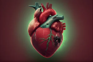 Un cuore umano stilizzato ma fotorealistico, metà sano e rosso vivo, metà che mostra aree scure di danno da ischemia-riperfusione ma avvolto da un'aura protettiva verde brillante simboleggiante l'effetto dell'Acteoside. Sfondo neutro e sfocato, illuminazione drammatica focalizzata sul cuore, obiettivo 50mm, profondità di campo ridotta.