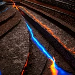 Visualizzazione fotorealistica di strati geologici sotterranei sezionati. Si vedono chiaramente rocce porose di diverse texture e colori. Flussi di fluidi luminosi (blu per l'acqua, arancione per il petrolio) si muovono attraverso questi strati. Illuminazione drammatica proveniente da una sorgente invisibile che mette in risalto le texture. Obiettivo grandangolare 15mm per catturare l'ampiezza della scena, messa a fuoco nitida su tutta la profondità.