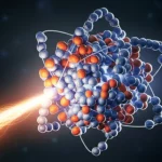 Visualizzazione scientifica 3D di un nucleo atomico deformato (ellissoidale) con protoni e neutroni stilizzati visibili. Una particella (protone stilizzato) viene emessa con una traccia di energia luminosa. Il nucleo mostra segni di rotazione (leggero motion blur rotazionale). Illuminazione da laboratorio controllata, alto dettaglio, focus preciso sul punto di emissione. Lente macro, 85mm.