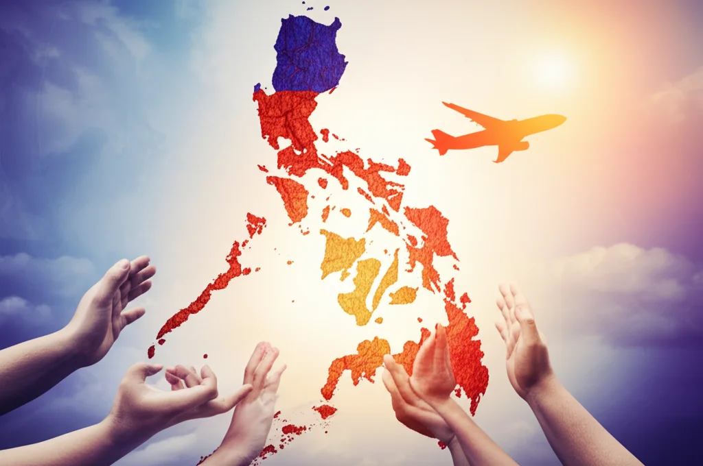 Fotografia concettuale: mani di diverse persone che si protendono verso una luce simboleggiante la cura sanitaria, sovrapposte a una mappa stilizzata delle Filippine con la sagoma di un aereo che decolla in lontananza. Obiettivo 50mm, profondità di campo selettiva, illuminazione drammatica.