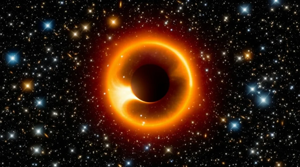 Immagine astronomica fotorealistica dell'ombra del buco nero supermassiccio Sgr A* al centro della Via Lattea, come osservato dall'Event Horizon Telescope. Si vede un anello asimmetrico di plasma incandescente (arancione/giallo) che circonda una depressione centrale scura, l'ombra del buco nero. La luce è chiaramente deformata dalla gravità estrema. Dettagli: Wide-angle lens, focale 15mm, long exposure time per catturare la struttura dell'anello, sharp focus, sfondo con il denso campo stellare del centro galattico leggermente sfocato.