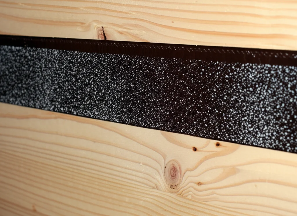 Immagine fotorealistica, obiettivo prime, 35mm, profondità di campo controllata, che mostra una trave in legno LVL rinforzata con una placca scura di CFRP incassata vicino al bordo superiore. Sulla faccia laterale della trave è visibile un sottile pattern a spruzzo (speckle pattern) bianco e nero, simbolo dell'analisi DIC. L'immagine rappresenta l'incontro tra materiali tradizionali e moderne tecniche di analisi strutturale.