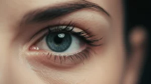 Primo piano fotografico dell'occhio di una donna, messa a fuoco sulla parte anteriore (cornea, iride), con una luce soffusa che suggerisce sensibilità. L'immagine trasmette un senso di introspezione e potenziale disagio legato alla fibromialgia. Stile ritratto, obiettivo 50mm, profondità di campo ridotta per isolare l'occhio.