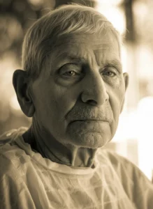 Ritratto fotografico di un paziente con Sindrome di Eisenmenger che guarda con speranza verso il futuro, simboleggiando i progressi terapeutici, obiettivo 35mm, profondità di campo, toni bicromatici seppia e grigio.